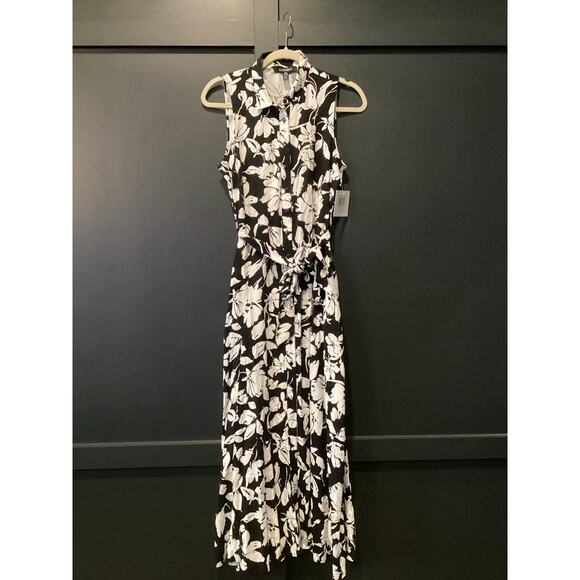 Ellen Tracy Sleeveless midi Shirt Dress Self Tie Sash black white floral blossom - Picture 10 of 12